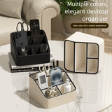 Black Stylish PU Leather Desktop Organizer Caddy - Multi-Compartment Holder for Remotes, Office Supplies, Makeup