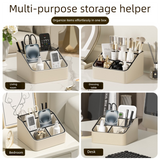 Beige and Black Stylish PU Leather Desktop Organizer Caddy - Multi-Compartment Holder for Remotes, Office Supplies, Makeup