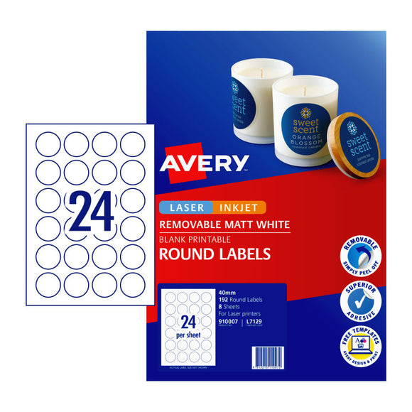 Avery Label Rmvbl Matt Round L7129 40mm 24Up Pk8