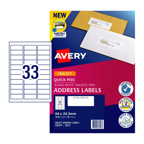 Avery Inkjet Lbl Addrss QP J8157 64x24.3 33Up Bx50