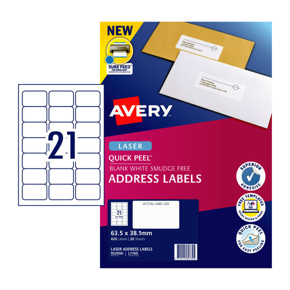 Avery Laser Label QP L7160 63.5x38.1mm 21Up Pk20