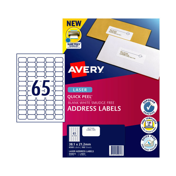 Avery Laser Lbl Address L7651 38.1x21.2 65L Pk100