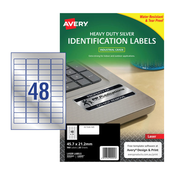 Avery LaserLbl HD Silver L6009 45.7x21.2 48Up Pk20