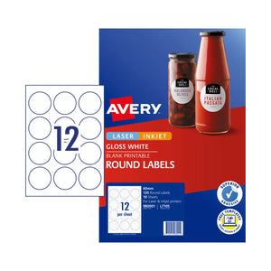 Avery Label Gloss Round L7105 Wht 60mm 12Up Pk10