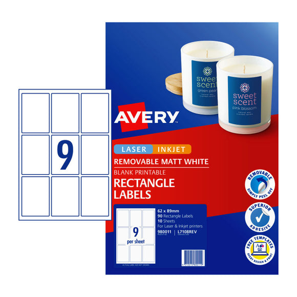 Avery Label Matt Rectangle L7108REV 62x89 9Up Pk10