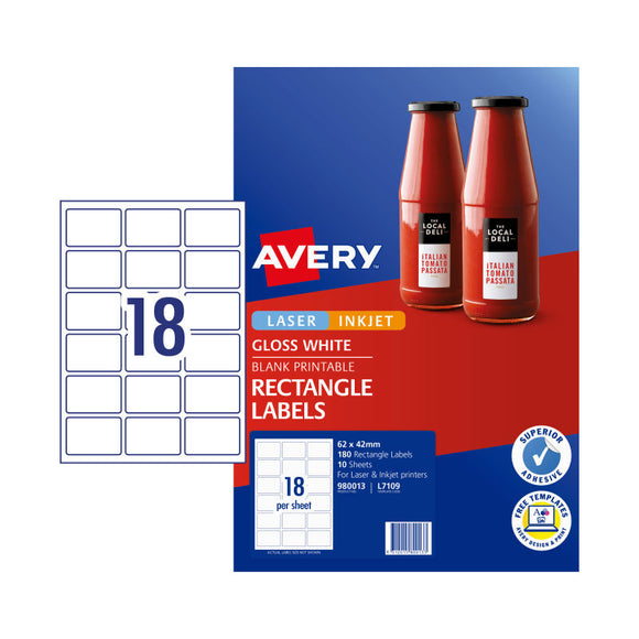 Avery Label Gloss Rect L7109 64x42mm 18Up Pk10