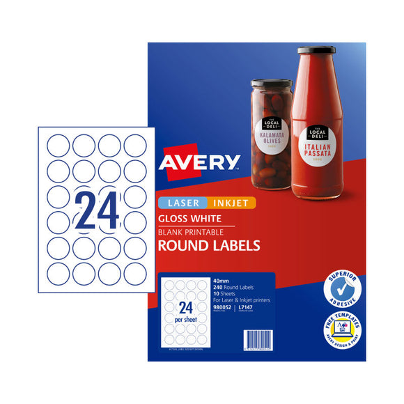 Avery Label Gloss Round L7147 40mm Diameter Pk240