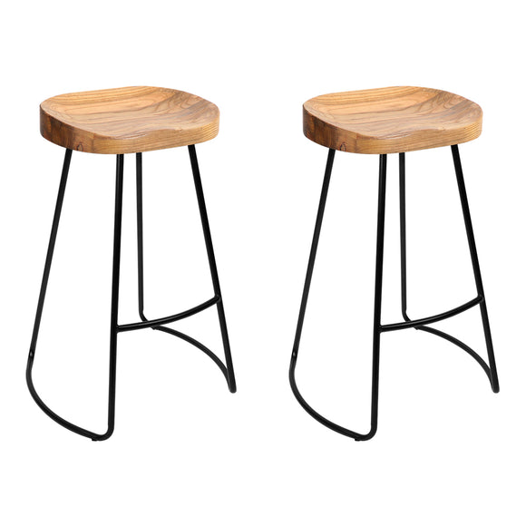 Artiss Set of 2 Elm Wood Backless Bar Stools 65cm - Black and Light Natural