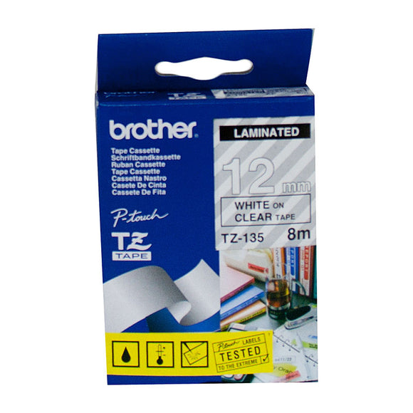 Brother 12mm White Text On Clear Tape - 8 metres