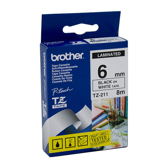 Brother 6mm Black Text On White Tape - 8 metres