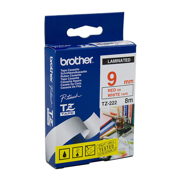 Brother 9mm Red Text On White Tape - 8 metres