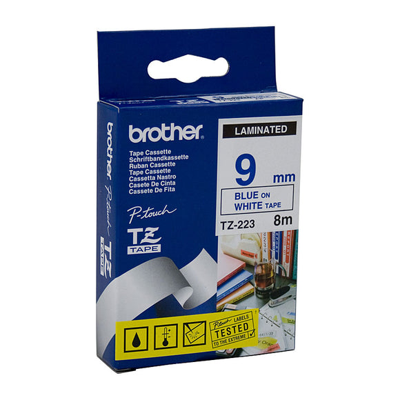 Brother 9mm Blue Text On White Tape - 8 metres