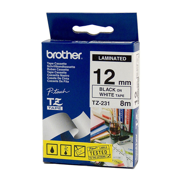 Brother 12mm Black Text On White Tape - 8 metres