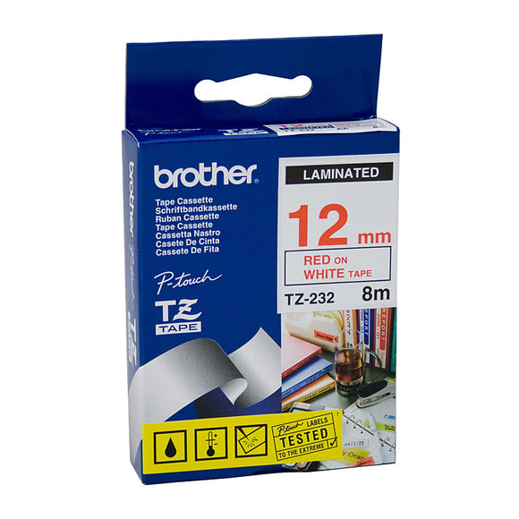 Brother 12mm Red Text On White Tape - 8 metres