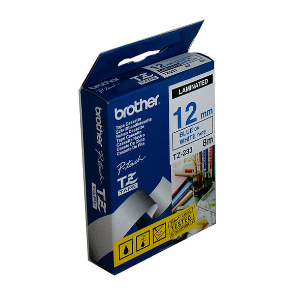 Brother 12mm Blue Text On White Tape - 8 metres