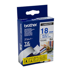 Brother 18mm Blue Text On White Tape - 8 metres