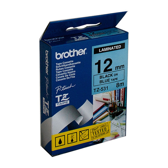 Brother 12mm Black Text On Blue Tape - 8 metres
