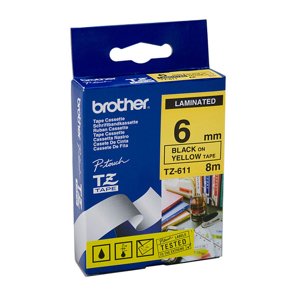 Brother 6mm Black Text On Yellow Tape - 8 metres