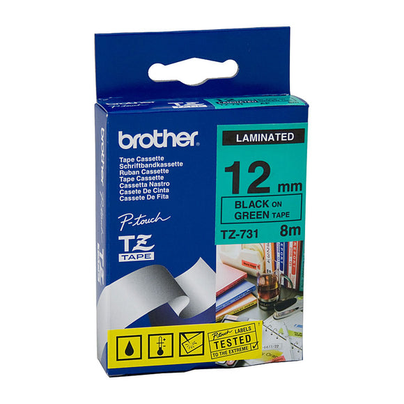 Brother 12mm Black on Green Tape - 8 meters