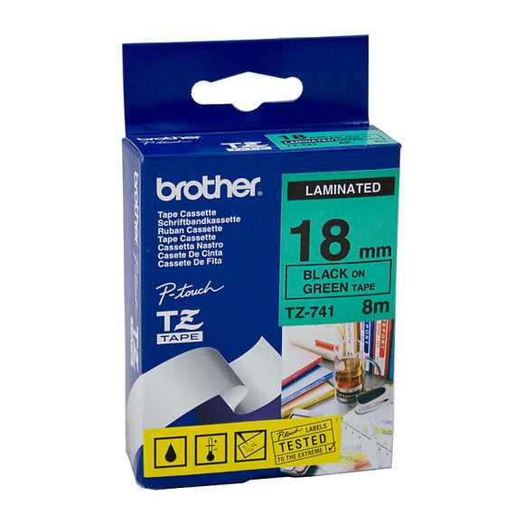 Brother 18mm Black Text On Green Tape - 8 metres