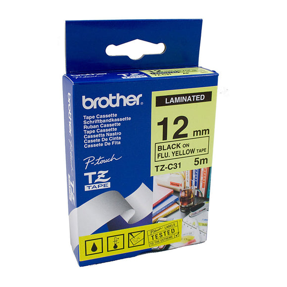 Brother 12mm Labelling Tape, Black on Flor.Yellow Tape - 5 meters