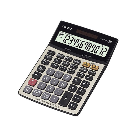 Casio DJ220DPLUS 12 Digit Tax Calculator is a heavy duty 12 digit desktop calculator with 300 calculation steps. It also features a recheck funtion with sound, has Tax calculation and is dual powered.