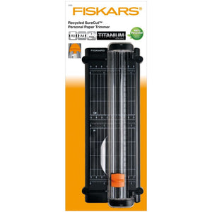Fiskars A5 Recycled Surecut Trimmer has unique SureCutÖ wire cut-line guide indicates where to cut with precision. Titanium blades. Metric and inch measurements. Cuts up to 7 sheets at a time.
