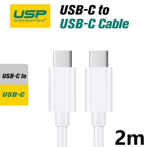 USP USB-C to USB-C (3.1) Mini Cable (2M) - White, 3A, High Performance, Durable, 8K Bend, Samsung Galaxy,Apple iPhone,iPad,MacBook,Google,OPPO,Nokia