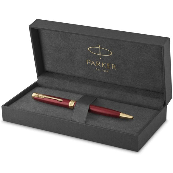 Parker Sonnet Red Lacquer Gold Trim Ballpoint Pen is Parker's symbol of elegance. With an array of designs, including the enduring Cisele pattern, every detail is skillfully executed. Colour: Intense Red Lacquer with Gold Colour Trim
