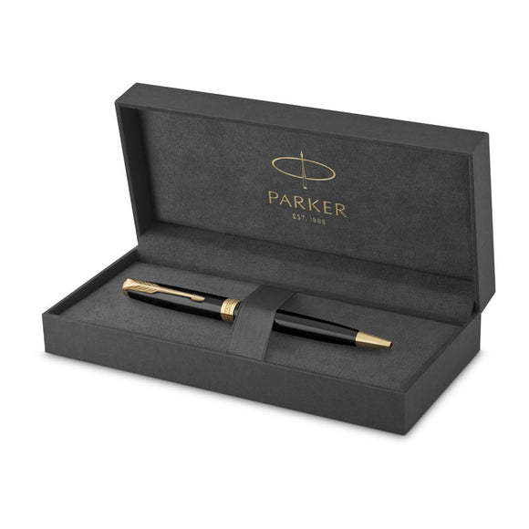 Parker Sonnet Black Lacquer GT Ballpoint Pen is ParkerÆs symbol of elegance. With an array of designs, including the enduring CiselÚ pattern, every detail is skillfully executed. Colour: Black Lacquer with Gold Colour Trim