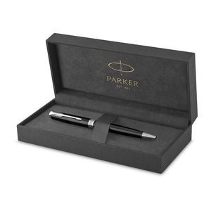 Parker Sonnet Black Lacquer CT Ballpoint Pen  is ParkerÆs symbol of elegance. With an array of designs, including the enduring CiselÚ pattern, every detail is skillfully executed. Colour: Black Lacquer with Chrome Colour Trim
