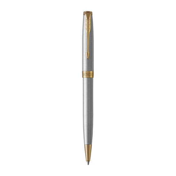 Parker Sonnet Stainless Steel GT Ballpoint Pen  is ParkerÆs symbol of elegance. With an array of designs, including the enduring CiselÚ pattern, every detail is skillfully executed. Colour: Stainless with Gold Colour Trim