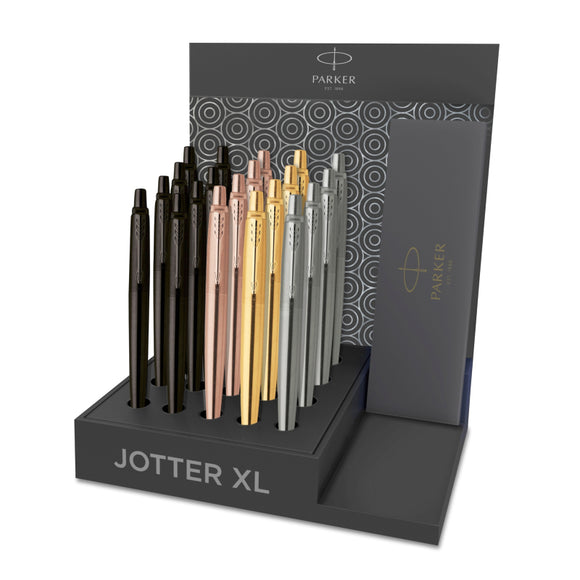 Parker Jotter XL Monochrome CDU20 2021 offers 20 of the best-selling Jotter XL Monochrome pens in four colours, all contained in a stylish cardboard CDU. - 8 x Monochrome Black - 4 x Monochrome Gold - 4 x Monochrome Grey - 4 x Monochrome Pink Gold