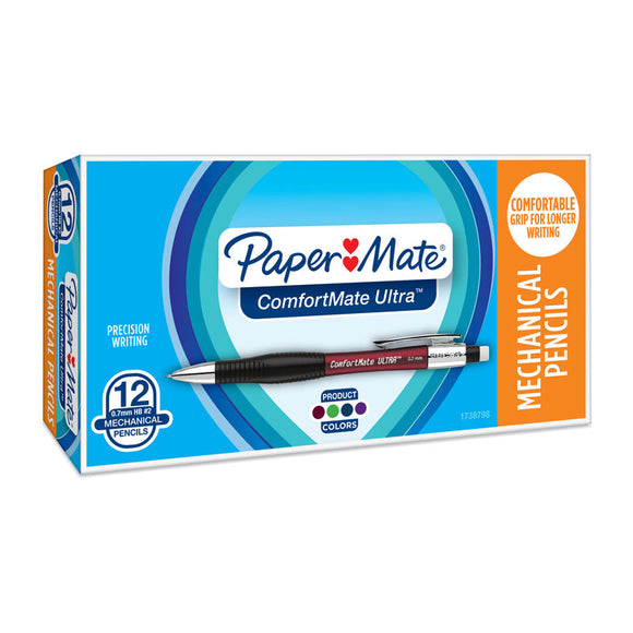 PaperMate Comfortmate Mechanical Pencil 0.5mm Bx12 is specially designed for comfort and precision. It features an ergonomic hourglass shape, HB pencil leads and click-to-advance lead and quality erasers. Tip size: 0.5mm