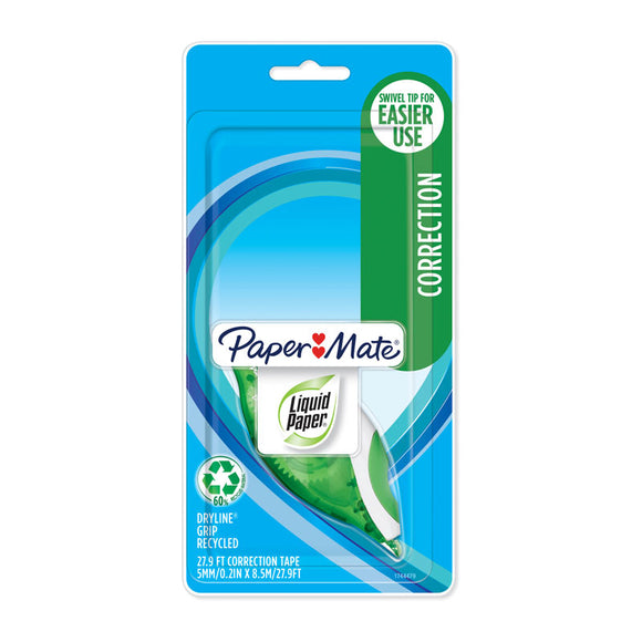 Paper Mate Liquid Paper Dryline Grip Rec Corr Tape provides maximum comfort and ease-of-use. Made of 60% recycled material. Super strong tape resists breaking and tearing. No drying time needed. Tape Size: 5mm x 8.5M