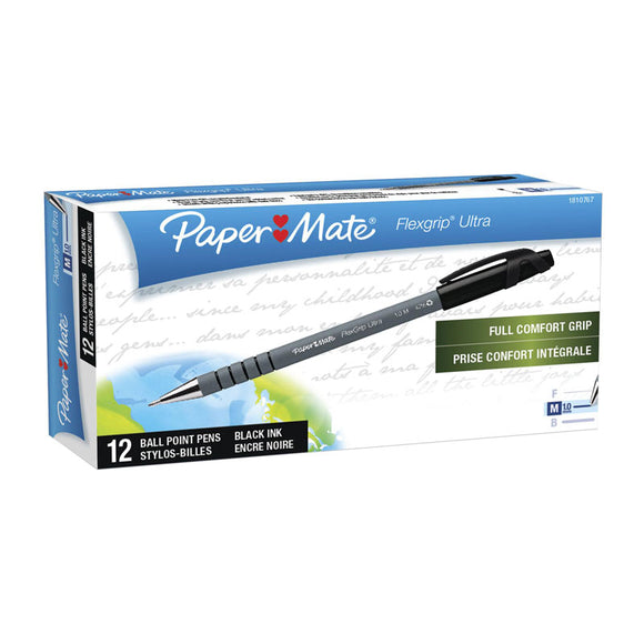 Paper Mate Flex Grip Stick Ballpen 1.0mm Blk Bx12 features a textured, rubberized barrel that conforms to your grip and a steel flange tip for extra durability. Capped 1.0mm medium point tip. Color: Black - WSL