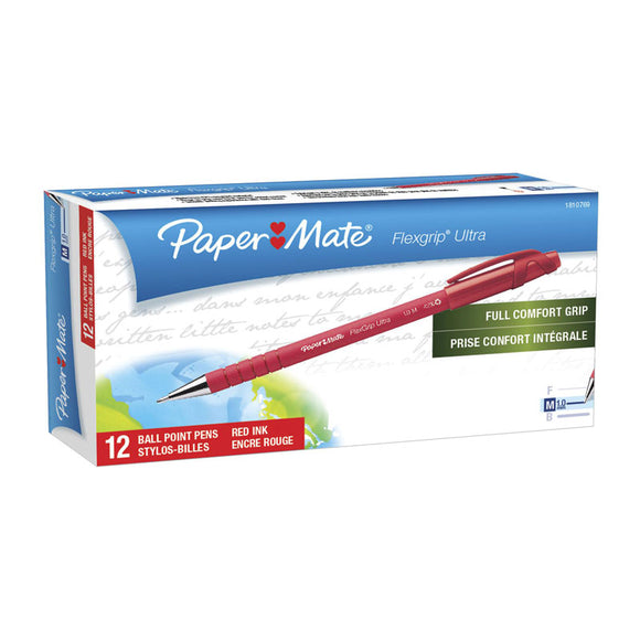 Paper Mate Flex Grip Stick Ballpen 1.0mm Red Bx12 features a textured, rubberized barrel that conforms to your grip and a steel flange tip for extra durability. Capped 1.0mm medium point tip. Color: Red - WSL