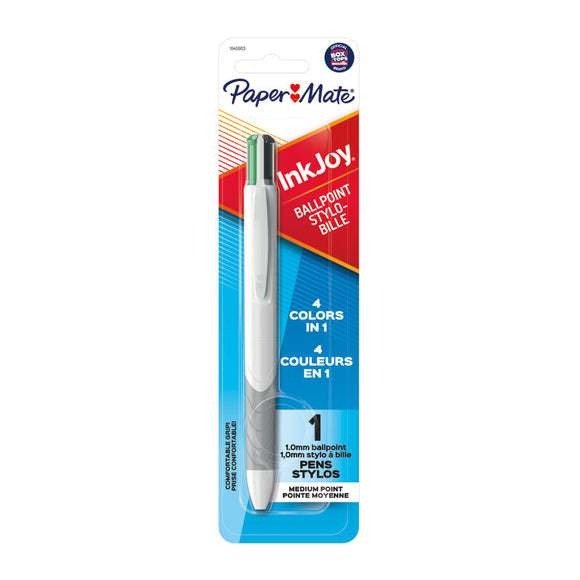 Paper Mate Inkjoy Quatro RetractBallpenBusClrsBx6 have four vivid ink colors in every pen. Switch between inks with a click. 4-in-1 design has a comfort grip and easy click buttons. Tip size: 1.0mm. Color: Black, Blue, Red, Green.