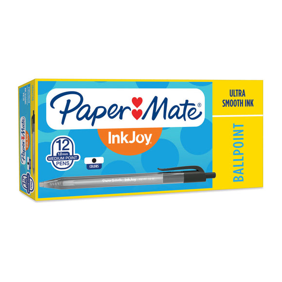 Paper Mate InkJoy 100RT Retract Ball Pen Blk Bx12 have a smooth, fast-starting writing system that spreads ink easily without drag. Ultra-smooth ink. Tip size: 1.0mm. Color: Black