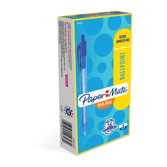 Paper Mate InkJoy 100RT Retract Ball Pen Blue Bx12 have a smooth, fast-starting writing system that spreads ink easily without drag. Ultra-smooth ink. Tip size: 1.0mm. Color: Blue