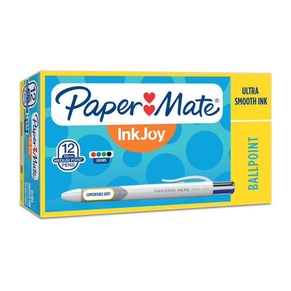 Paper Mate Inkjoy Quatro Retract Ballpen Bus Bx12 has four vivid ink colors in every pen. Just click a color-coded button to switch between inks.The 4-in-1 design has an easy-to-hold barrel. Tip size: 1.0mm. Color: Black, Blue, Red, Green.