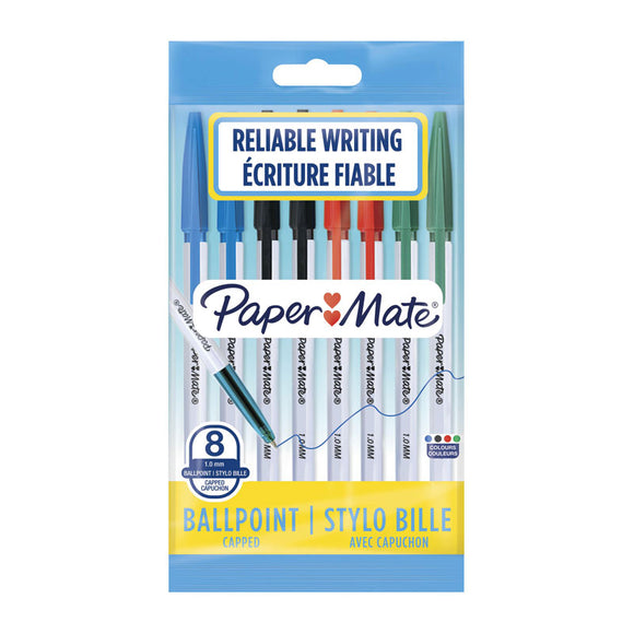 Papermate 045 1.0mm Ball Pen Business Assorted Pk8 features laser tip technology for a fluid and accurate writing experience. Cap colour that matches the ink colour. Tip size: 1.0mm. Colour: Business Assorted (Blue, Black, Green, Red). Pack Size: 8