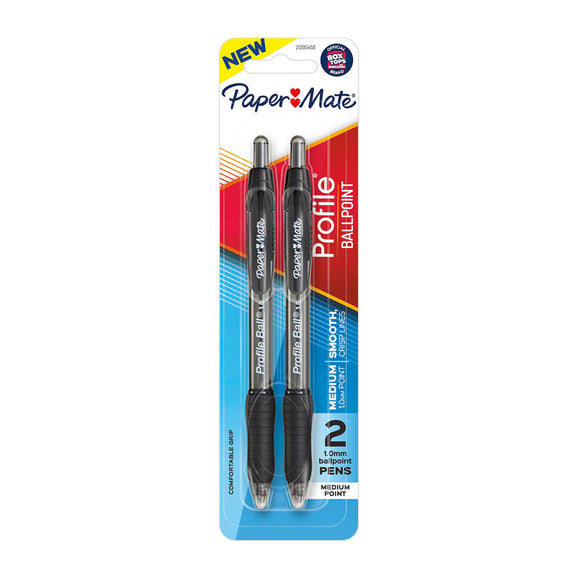 Paper Mate Profile RT 1.0mm BP Pen Black Pk2 Bx6features a soft grip for comfortable writing. Convenient retractable design and color-matching barrels. Tip size: 1.0mm. Color: Black