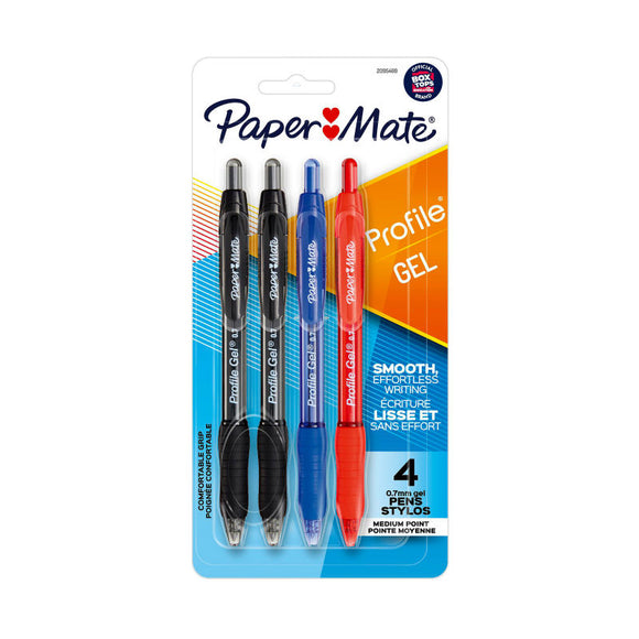 Paper Mate Profile RT 0.7mm Gel Pen UPC Asst Bx6. Paper Mate Profile RT 0.7mm Gel Pen UPC Asst Bx6 provides smooth crisp lines and a comfortable grip. Tip size: 0.7mm. Colour: Business Assorted (2 Black 1 Blue, 1 Red)