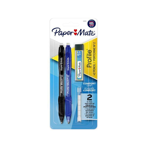 Paper Mate Profile Mechanical Pencil 0.7mm Black/Blue Pk2 Bx6 with the look and feel of Paper Mate Profile pens.  Comfort grip and 0.7mm HB pencil leads. Includes 2 mechanical pencils in Black & Blue barrel colors, 1 lead refill set and 5 eraser refills
