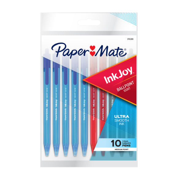 Paper Mate InkJoy Retractable Ballpoint Pen 100RT 1.0mm Fashion Assorted Pk10 Bx12 has a smooth, fast-starting writing system that spreads ink easily without drag. Ultra-smooth ink. (Black, Blue, Red)