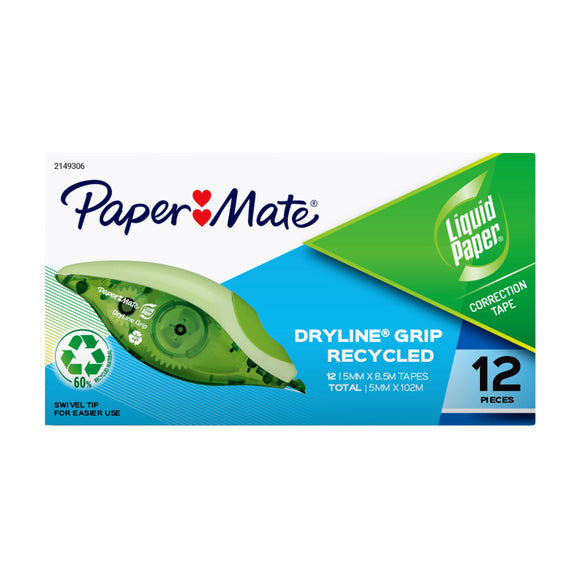 Paper Mate Liquid Paper Dryline Grip Ctn12 provides maximum comfort and ease-of-use. Made of 60% recycled material. Super strong tape resists breaking and tearing. No drying time needed. Tape Size: 5mm x 8.5M