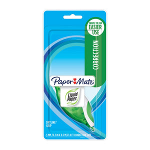Paper Mate Liquid Paper Dryline Grip Correctn Tape fits comfortably in your hand, and lays down smoothly with no mess. Super strong tape resists breaking and tearing. 5mm x 8.5m.