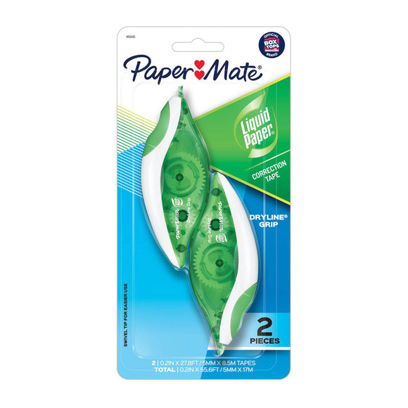 Paper Mate Liquid Paper DrylineGripCorrTapePk2 Bx6 provides maximum comfort and ease-of-use. Lays down smooth and corrects instantly. Super strong tape resists breaking and tearing. No drying time needed before copying, faxing or rewriting.