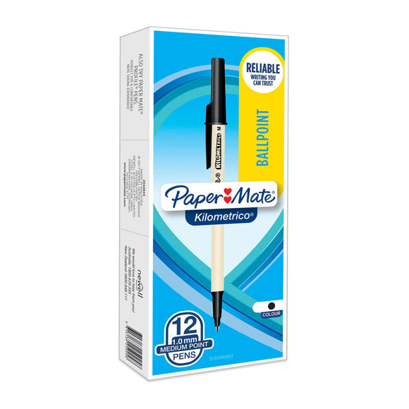 Paper Mate Kilometrico Capped Ball Pen Blk Bx12 writes for over a kilometer and has a tungsten carbide barrel so ideal for writing on carbon paper. Tip size: 1.0mm. Color: Black
